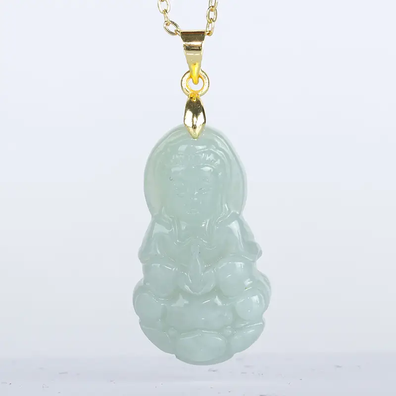 Myanmar Natural Jade Yang Green Guanyin Pendant 14K Gold — feature 7