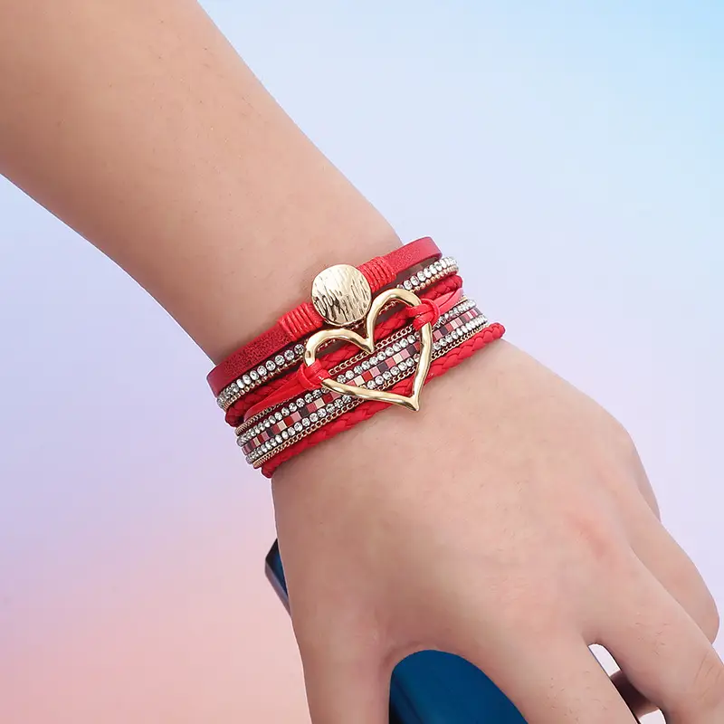 Gold Heart Multi Layer Leather Bracelet for Women — feature 19