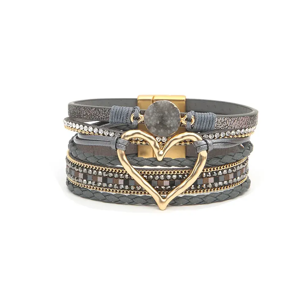 Gold Heart Multi Layer Leather Bracelet for Women - Image 10