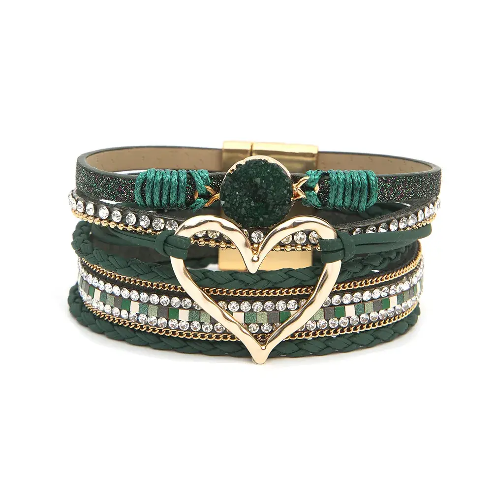 Gold Heart Multi Layer Leather Bracelet for Women - Image 12