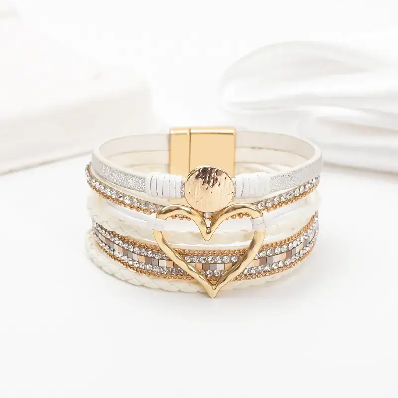 Gold Heart Multi Layer Leather Bracelet for Women - Image 17