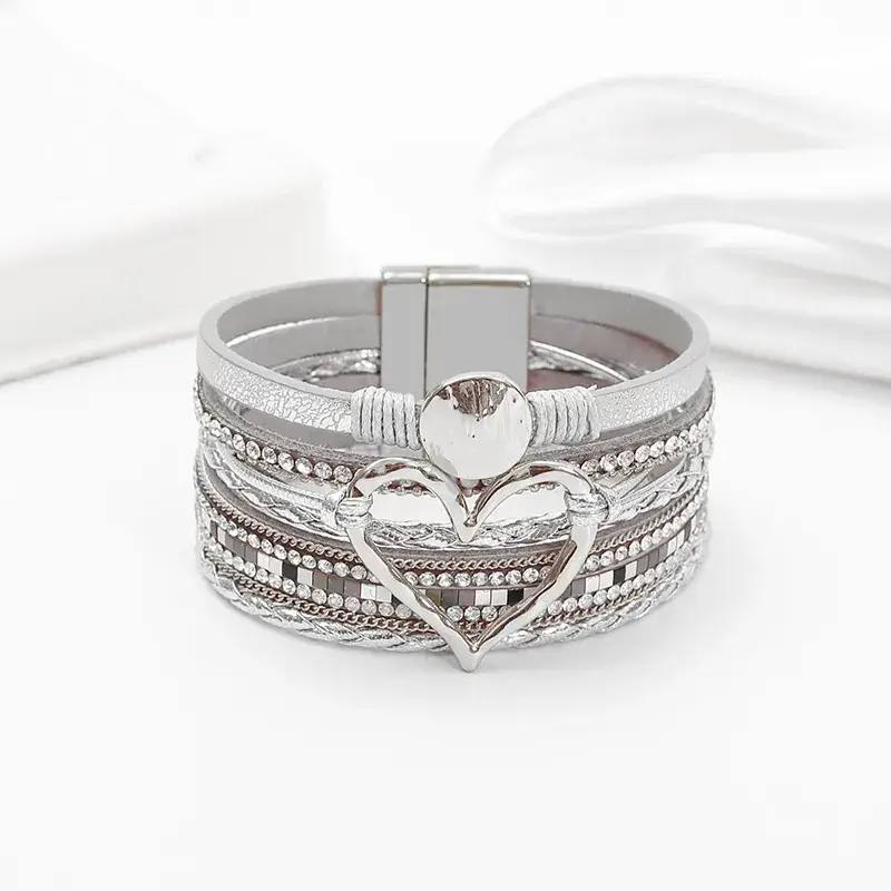 Gold Heart Multi Layer Leather Bracelet for Women - Image 18