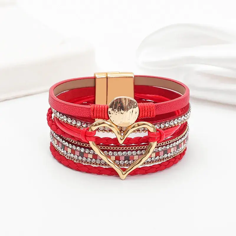 Gold Heart Multi Layer Leather Bracelet for Women - Image 19