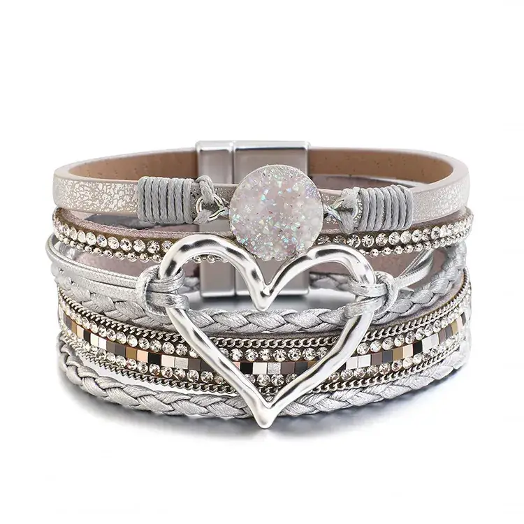 Gold Heart Multi Layer Leather Bracelet for Women - Image 2