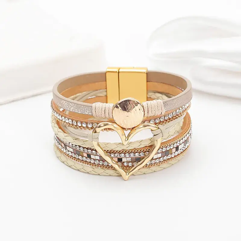 Gold Heart Multi Layer Leather Bracelet for Women - Image 20
