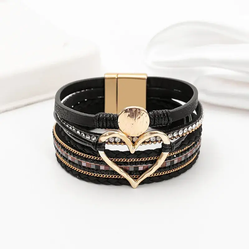 Gold Heart Multi Layer Leather Bracelet for Women - Image 21