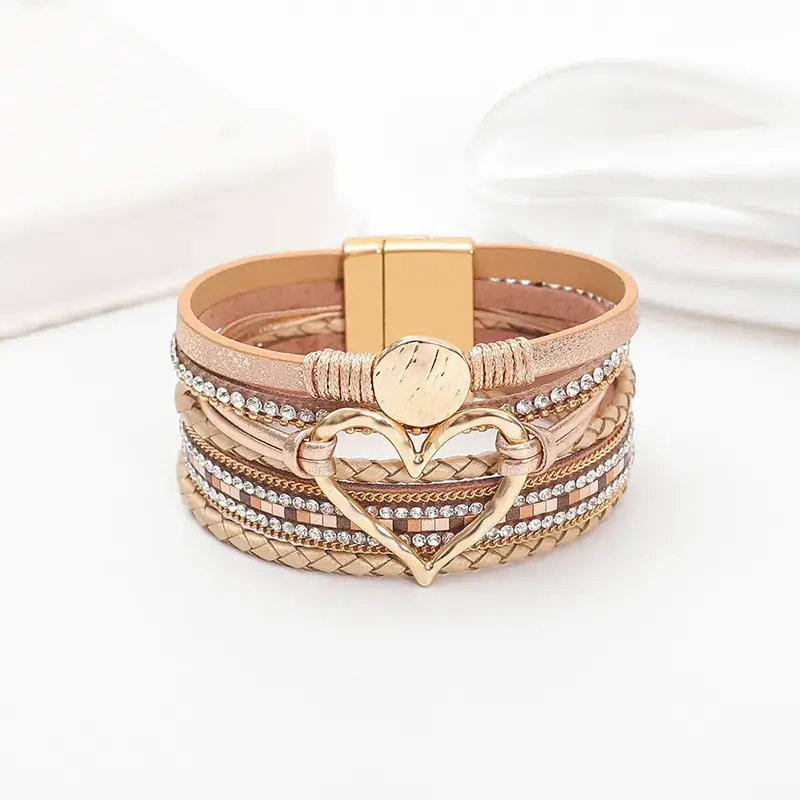 Gold Heart Multi Layer Leather Bracelet for Women - Image 22