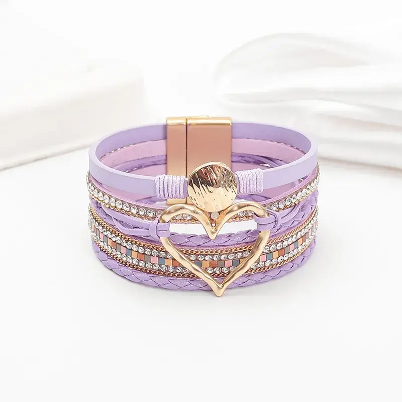 Gold Heart Multi Layer Leather Bracelet for Women - Image 23