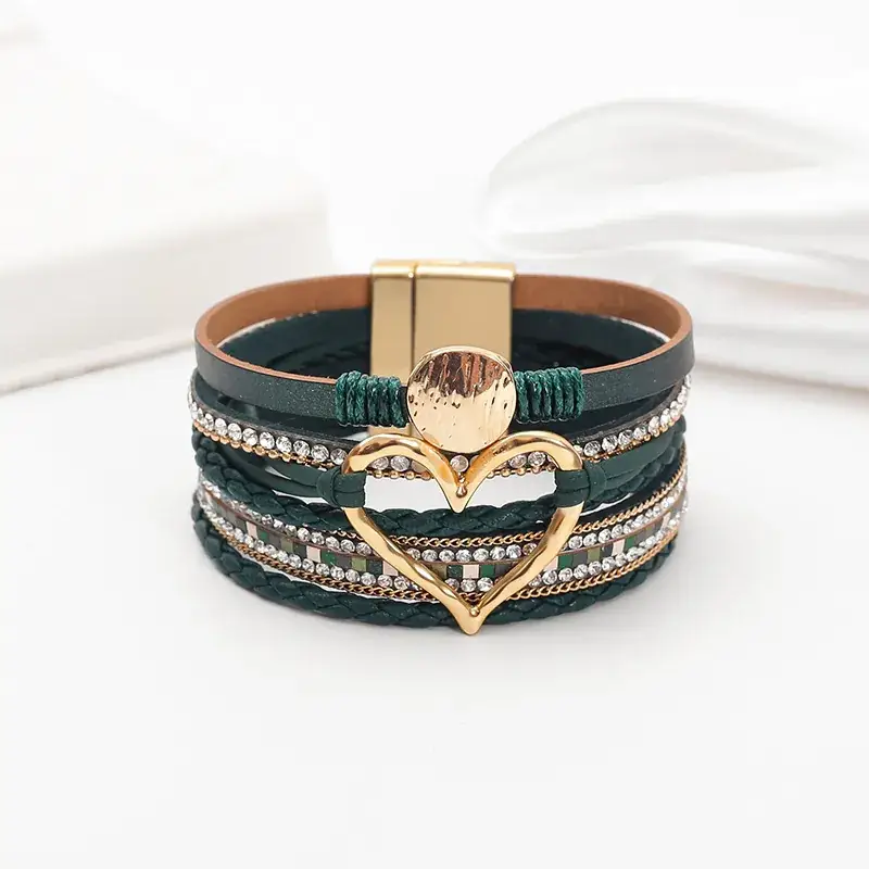 Gold Heart Multi Layer Leather Bracelet for Women - Image 24