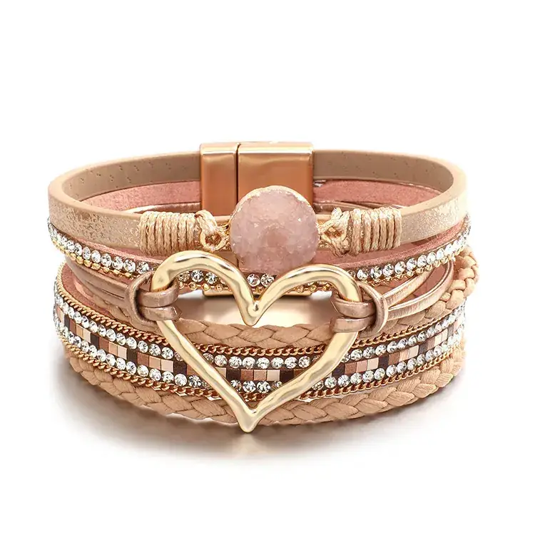 Gold Heart Multi Layer Leather Bracelet for Women - Image 6