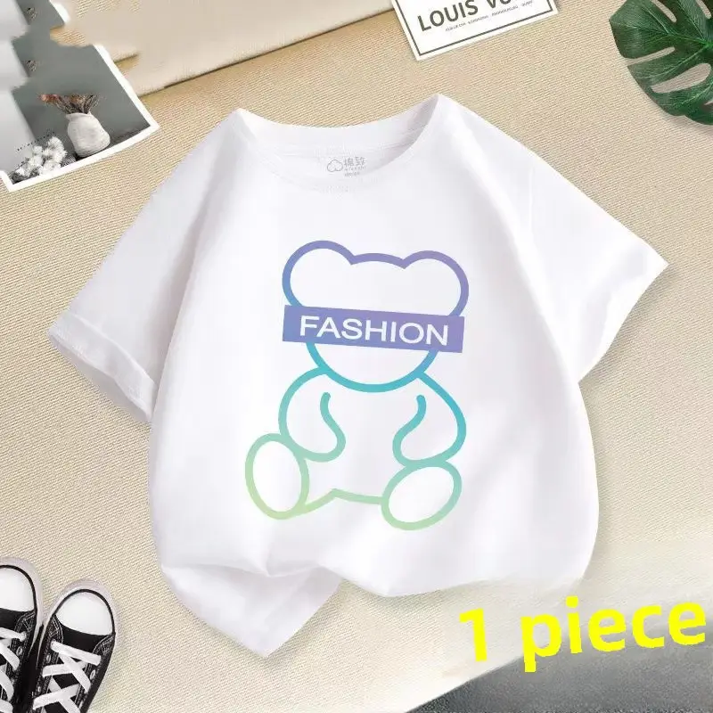 White Boys T-Shirt Short Sleeve Bear Print Summer Wear - Image 2