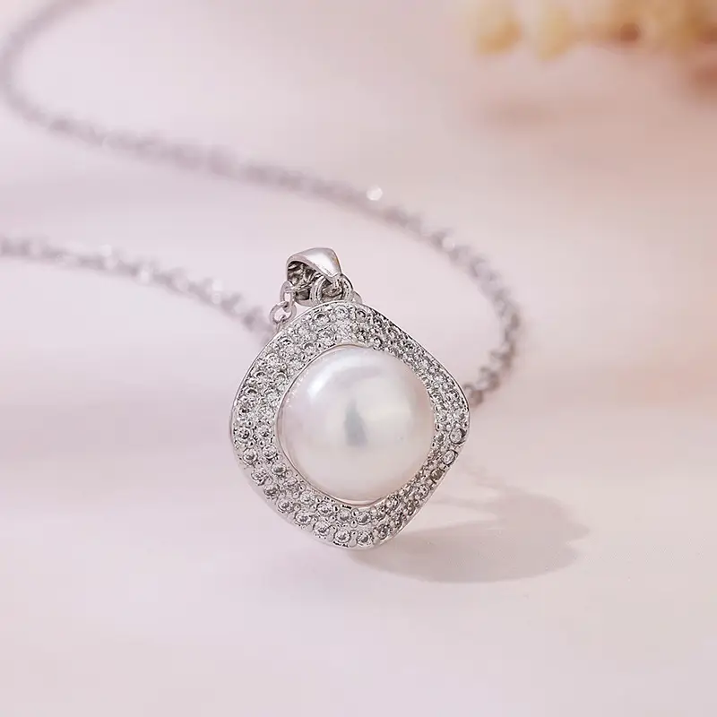 Korean Pearl Square Zircon Pendant Necklace