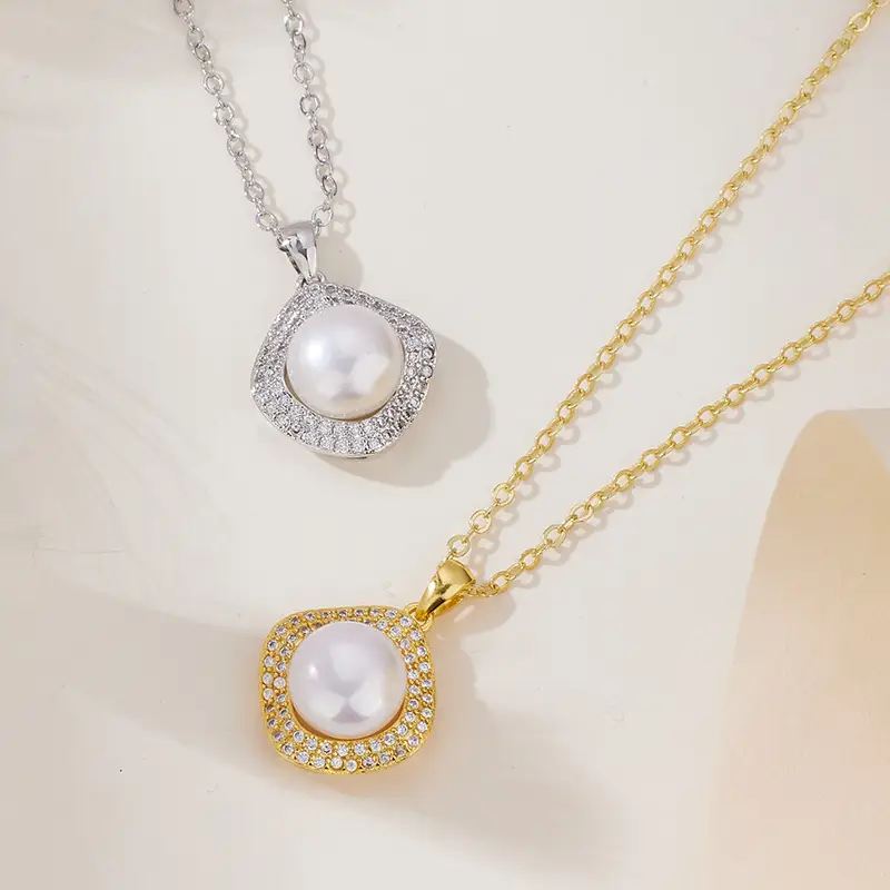 Korean Pearl Square Zircon Pendant Necklace