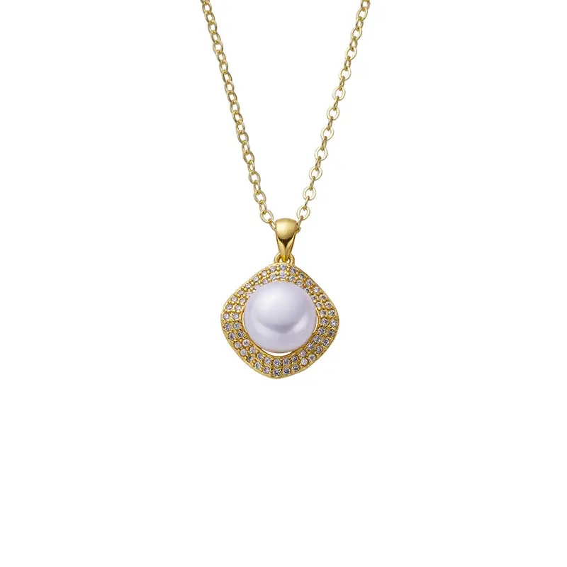 Korean Pearl Square Zircon Pendant Necklace