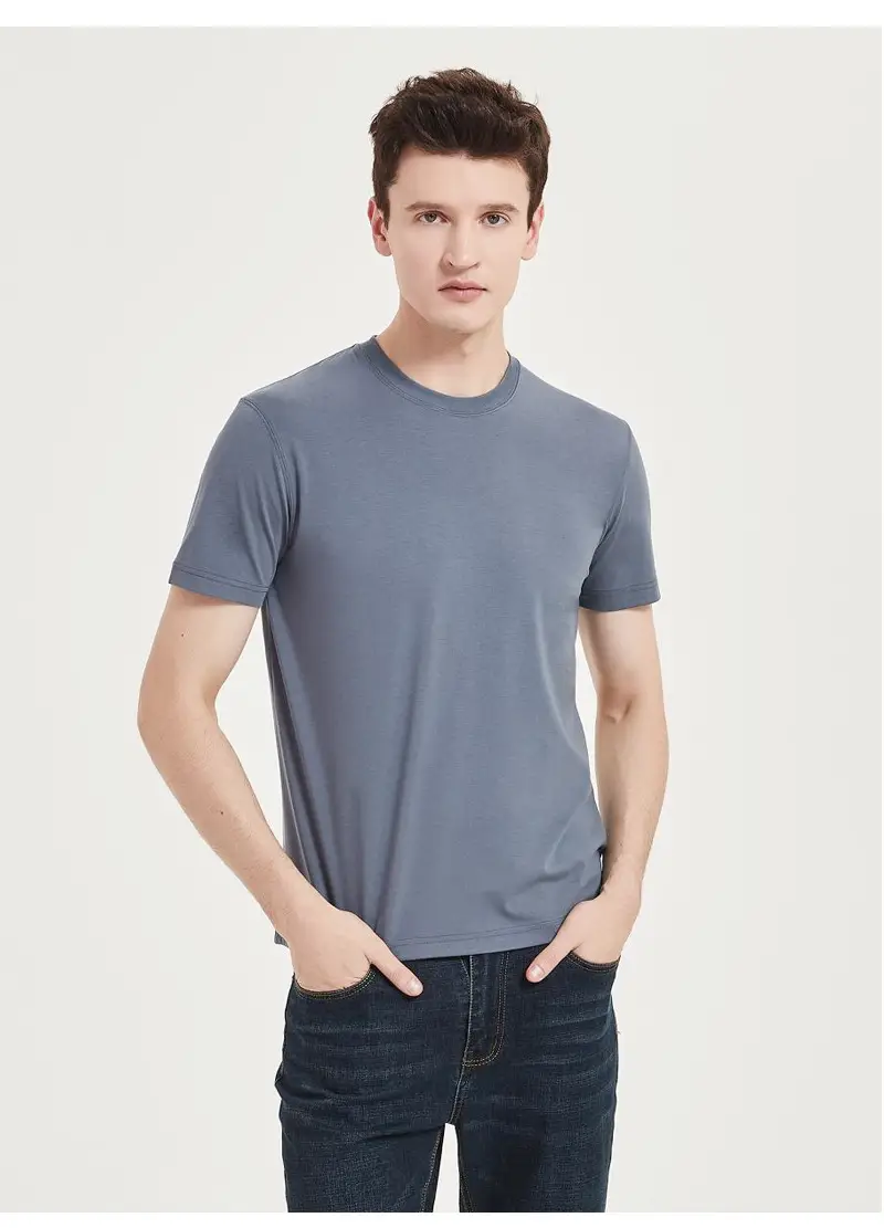 Men's Blue Silk T-Shirt Round Neck 220g — feature 56