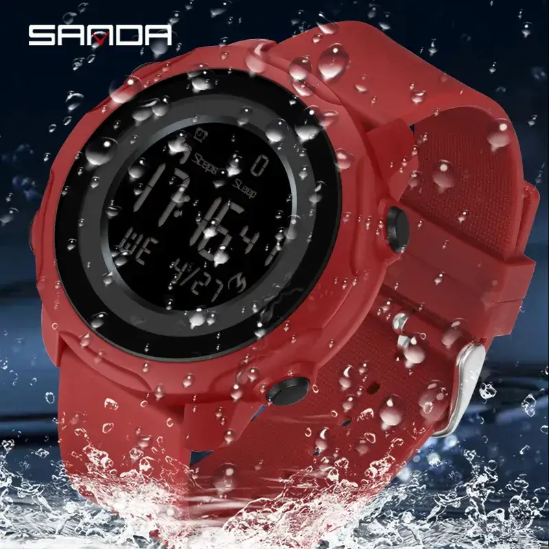 Sanda Red LED Digital Pedometer Watch for Men Women
