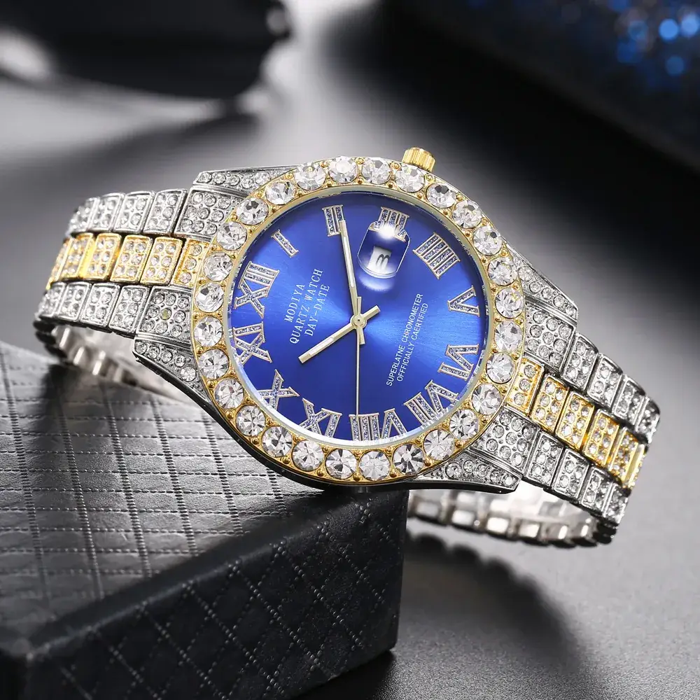 Men's Full Diamond Roman Dial Watch Gold Bracelet Blue Dial - Image 6