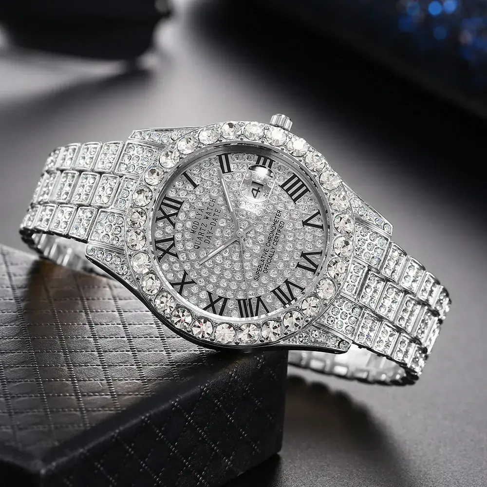 Men's Full Diamond Roman Dial Watch Gold Bracelet Blue Dial - Image 2