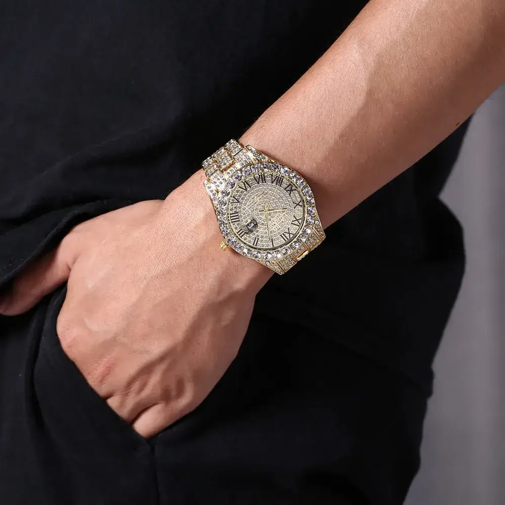 Men's Full Diamond Roman Dial Watch Gold Bracelet Blue Dial - Image 7
