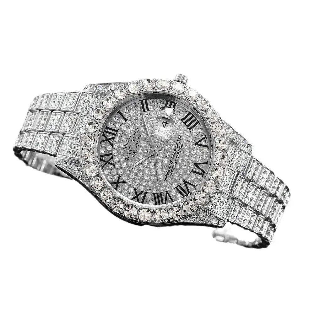 Men's Full Diamond Roman Dial Watch Gold Bracelet Blue Dial - Image 8