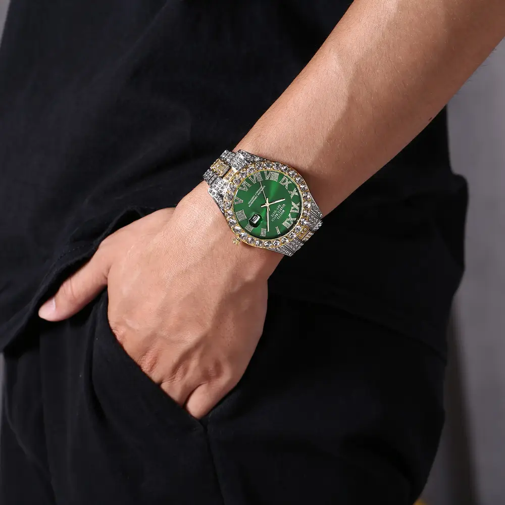 Men's Full Diamond Roman Dial Watch Gold Bracelet Blue Dial — feature 14