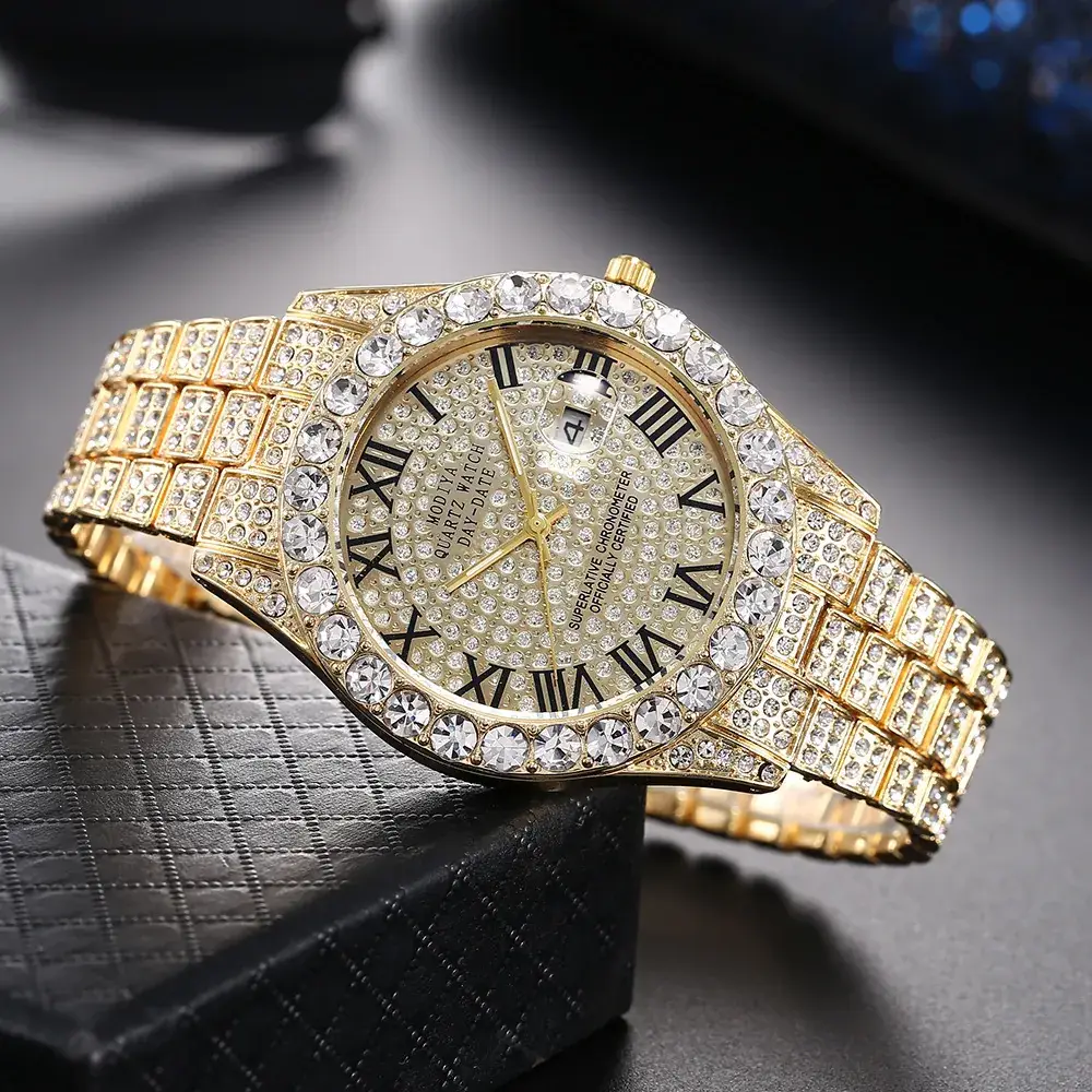 Men's Full Diamond Roman Dial Watch Gold Bracelet Blue Dial - Image 3