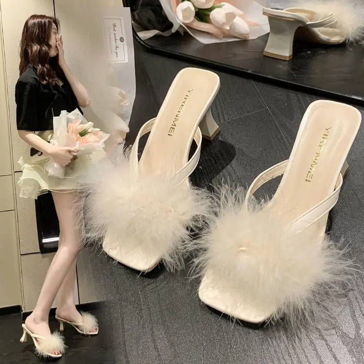 Purple Faux Fur High Heel Sandals for Women