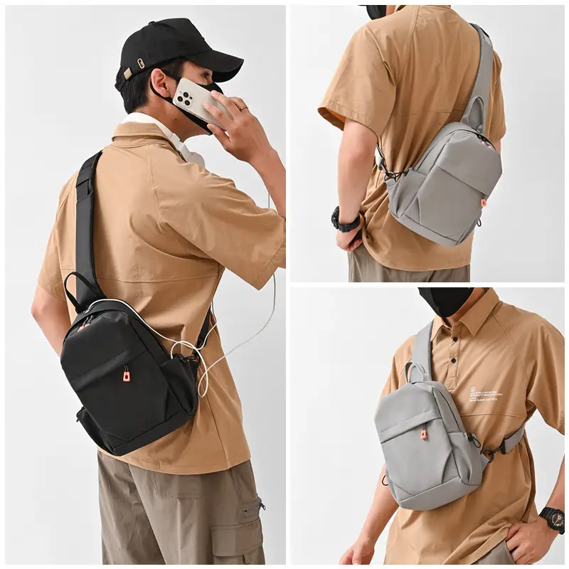 New Men's Grey Urban Casual Chest Bag with Wireless Charging Cable - Image 4