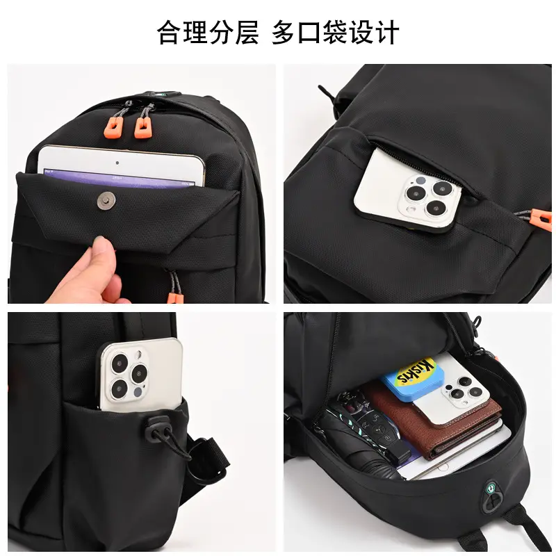 New Men's Grey Urban Casual Chest Bag with Wireless Charging Cable - Image 6