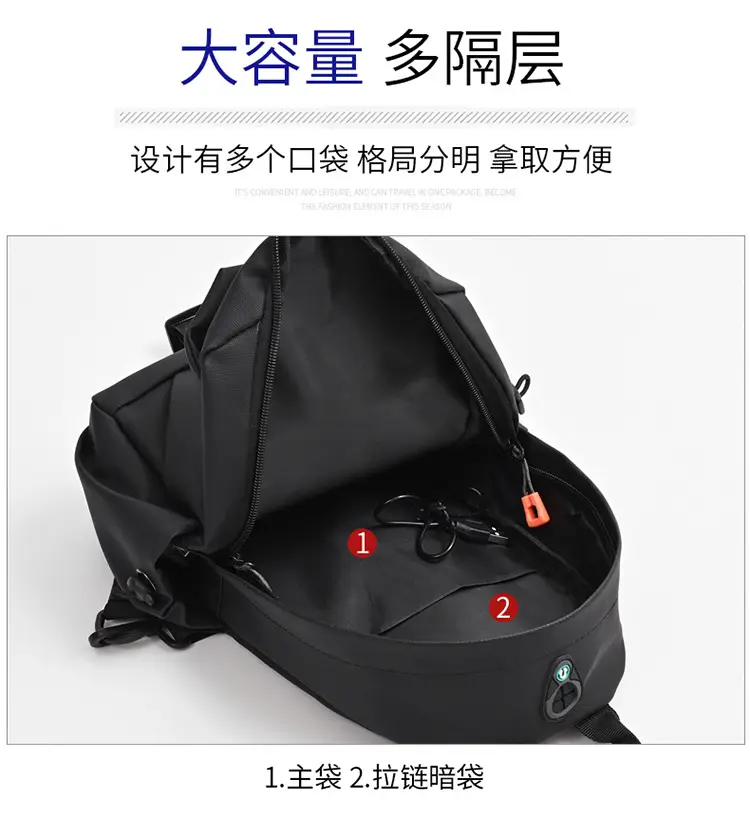 New Men's Grey Urban Casual Chest Bag with Wireless Charging Cable — feature 11