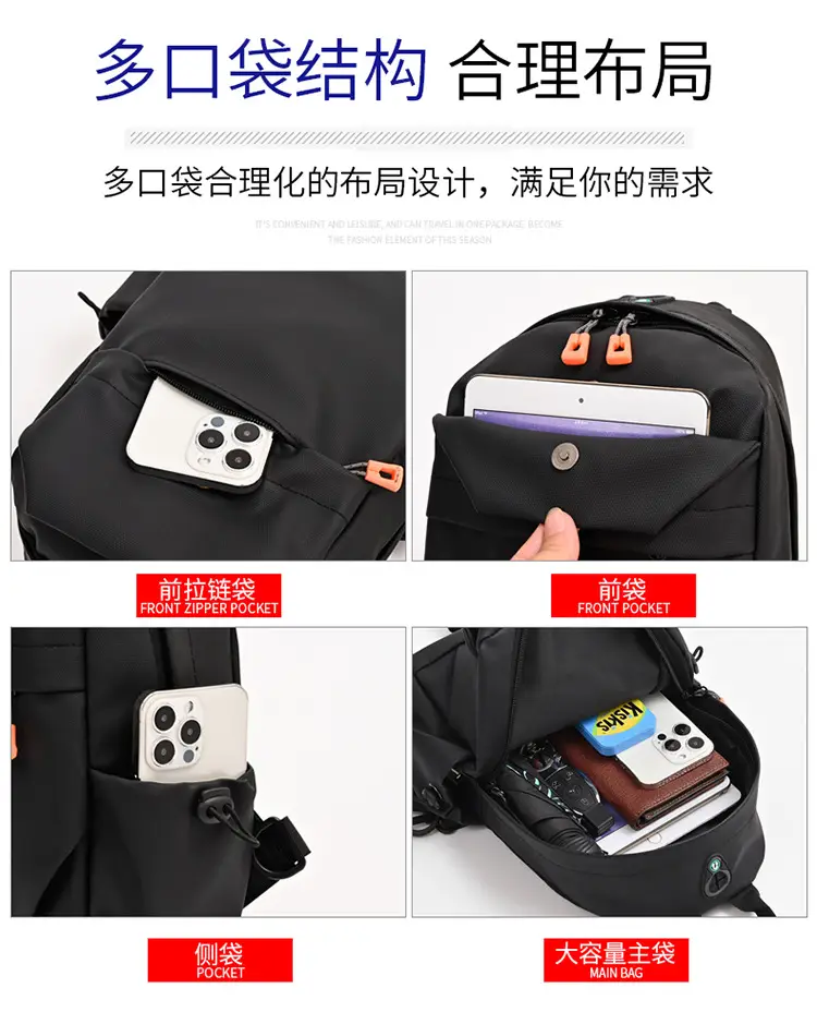 New Men's Grey Urban Casual Chest Bag with Wireless Charging Cable — feature 13