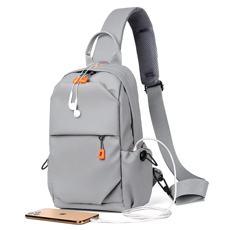 New Men's Grey Urban Casual Chest Bag with Wireless Charging Cable - Image 2