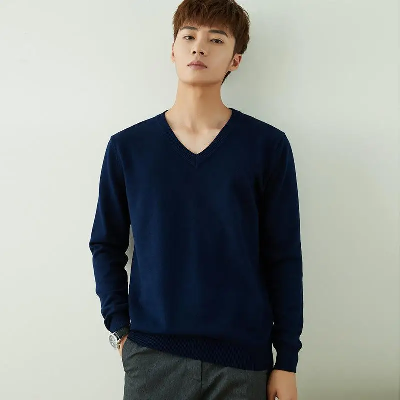 Men V-Neck Pullover Sweater Long Sleeve 2023 Grey