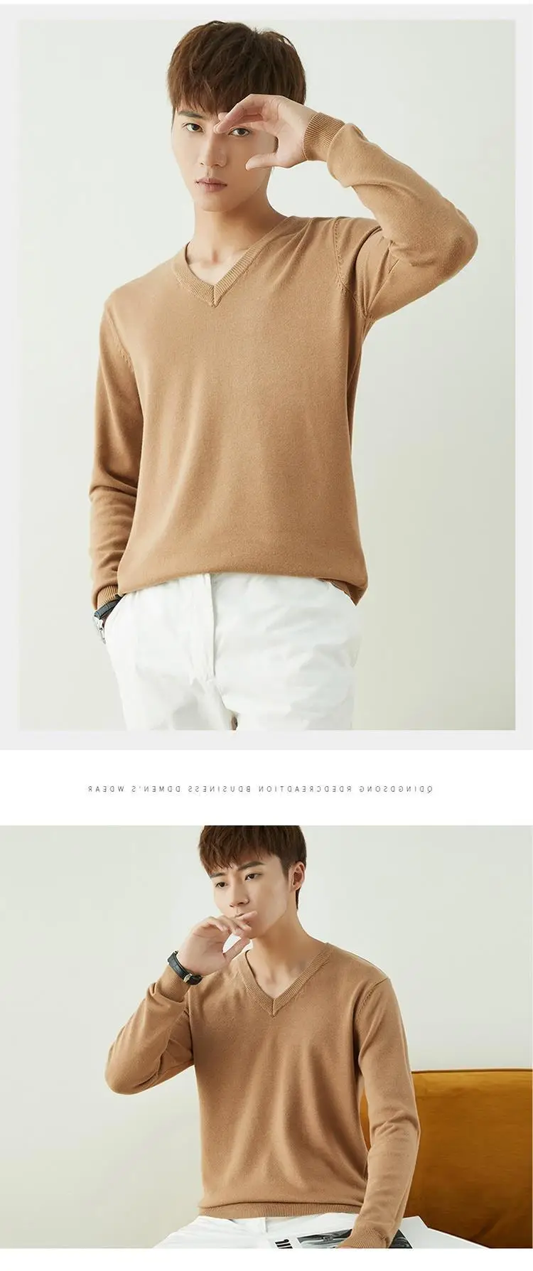 Men V-Neck Pullover Sweater Long Sleeve 2023 Grey — feature 91