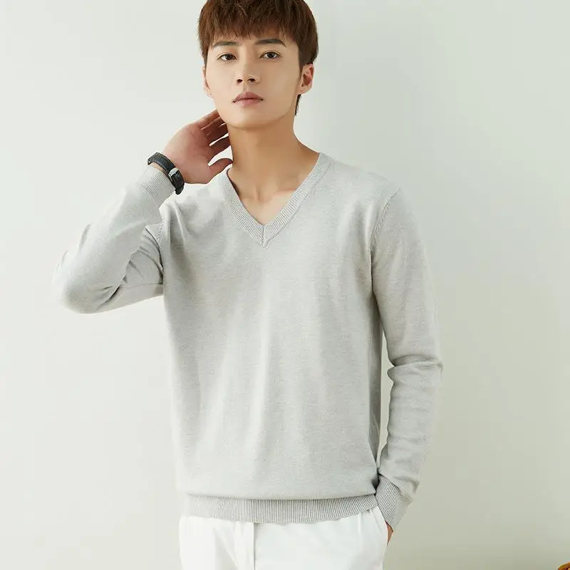 Men V-Neck Pullover Sweater Long Sleeve 2023 Grey