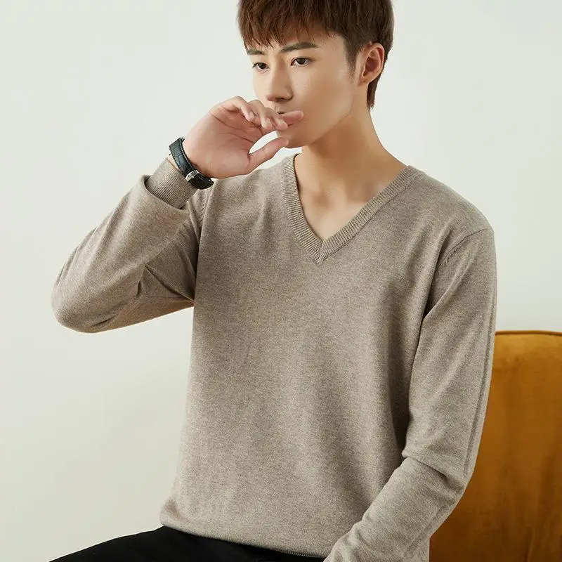 Men V-Neck Pullover Sweater Long Sleeve 2023 Grey