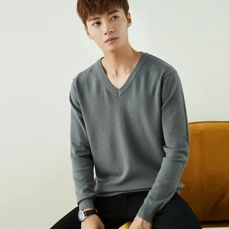 Men V-Neck Pullover Sweater Long Sleeve 2023 Grey