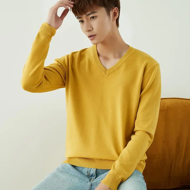 Men V-Neck Pullover Sweater Long Sleeve 2023 Grey