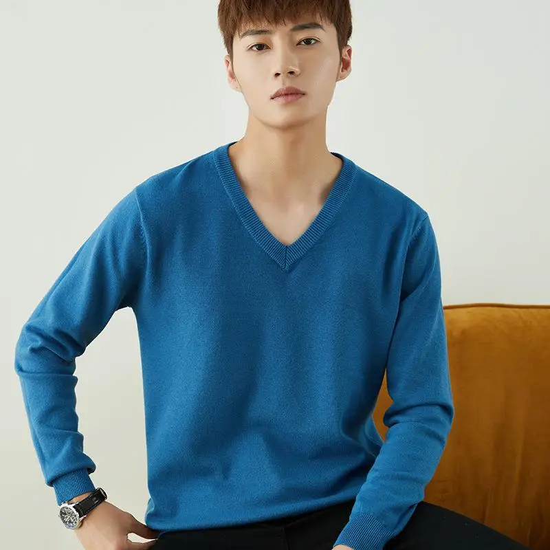 Men V-Neck Pullover Sweater Long Sleeve 2023 Grey