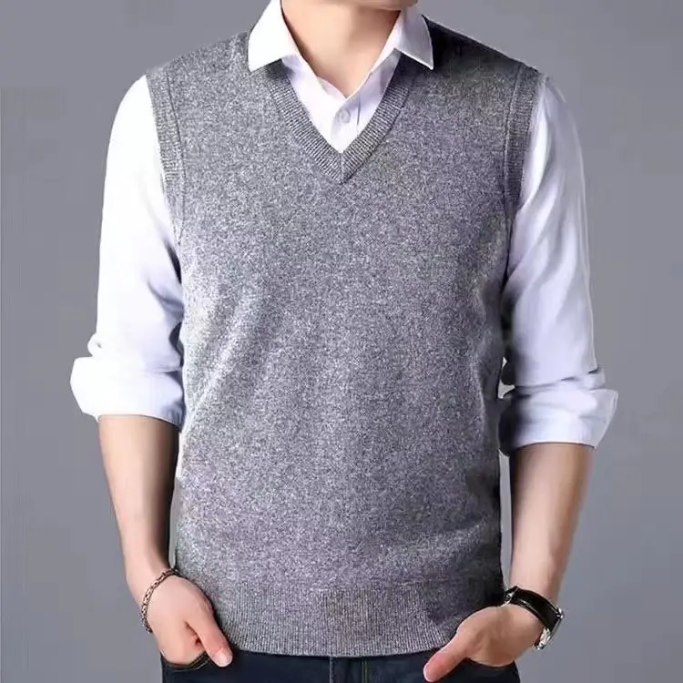 V-Neck Wool Vest for Men Grey Knitted Sleeveless - Image 12
