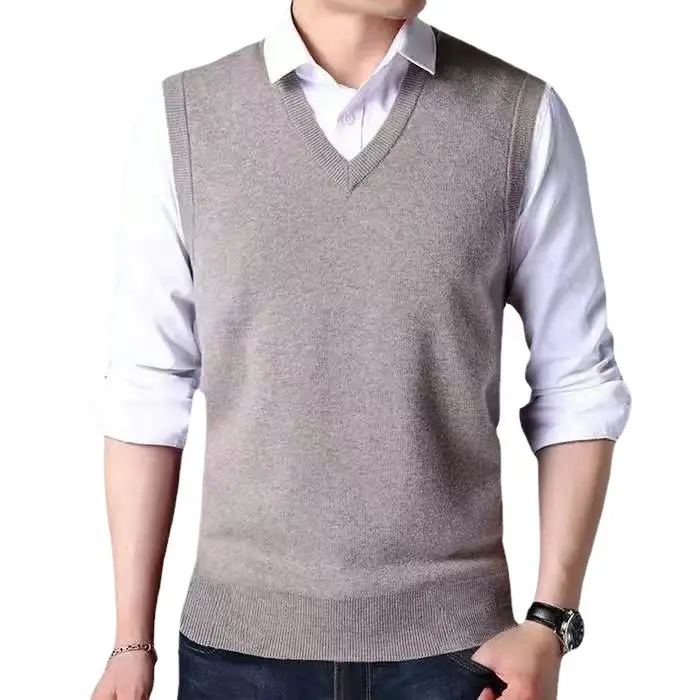 V-Neck Wool Vest for Men Grey Knitted Sleeveless - Image 13