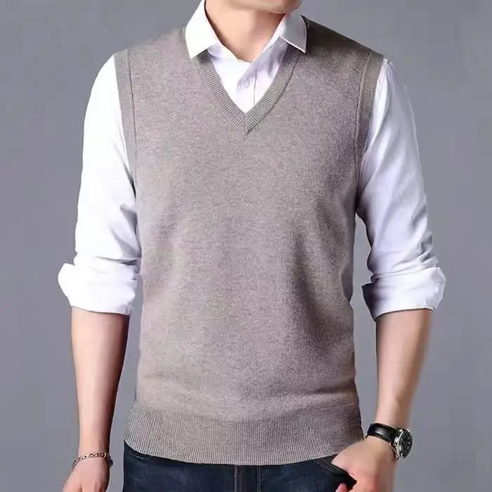 V-Neck Wool Vest for Men Grey Knitted Sleeveless - Image 6