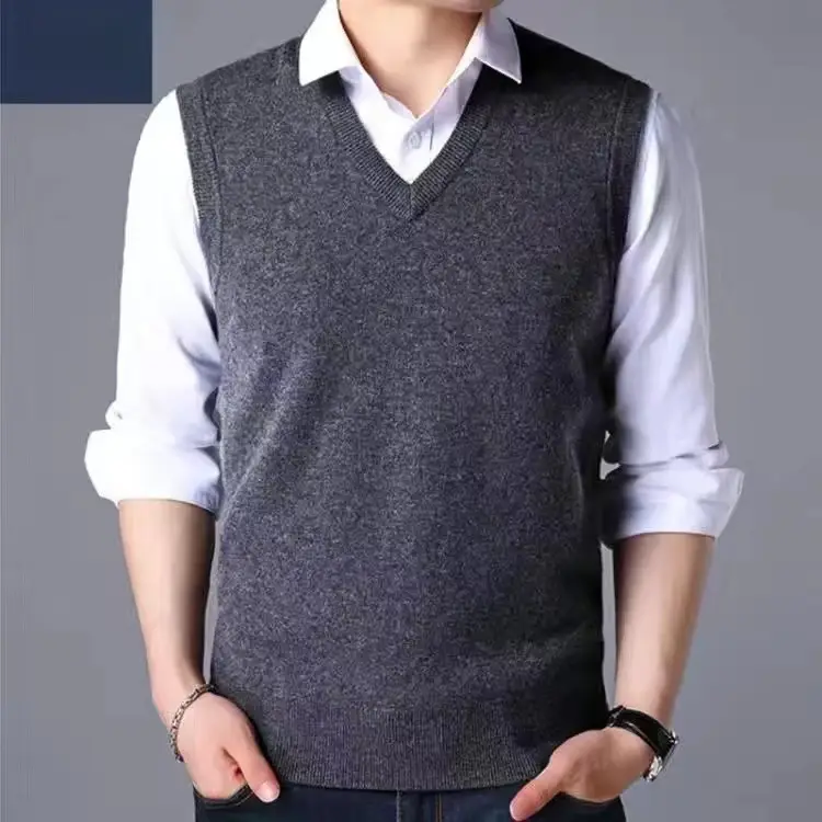 V-Neck Wool Vest for Men Grey Knitted Sleeveless - Image 2