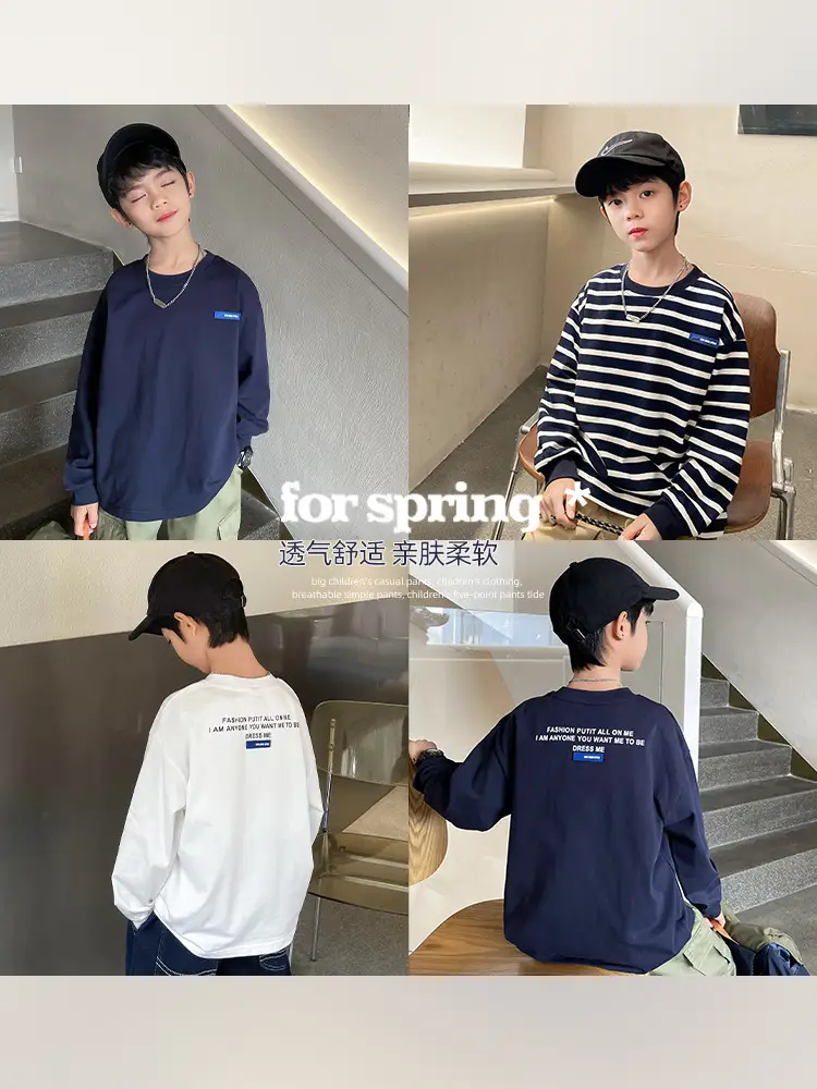Boys Pure Cotton Long Sleeve T-Shirt Navy Blue White Stripes