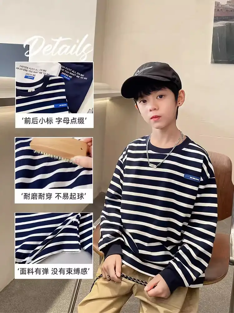 Boys Pure Cotton Long Sleeve T-Shirt Navy Blue White Stripes