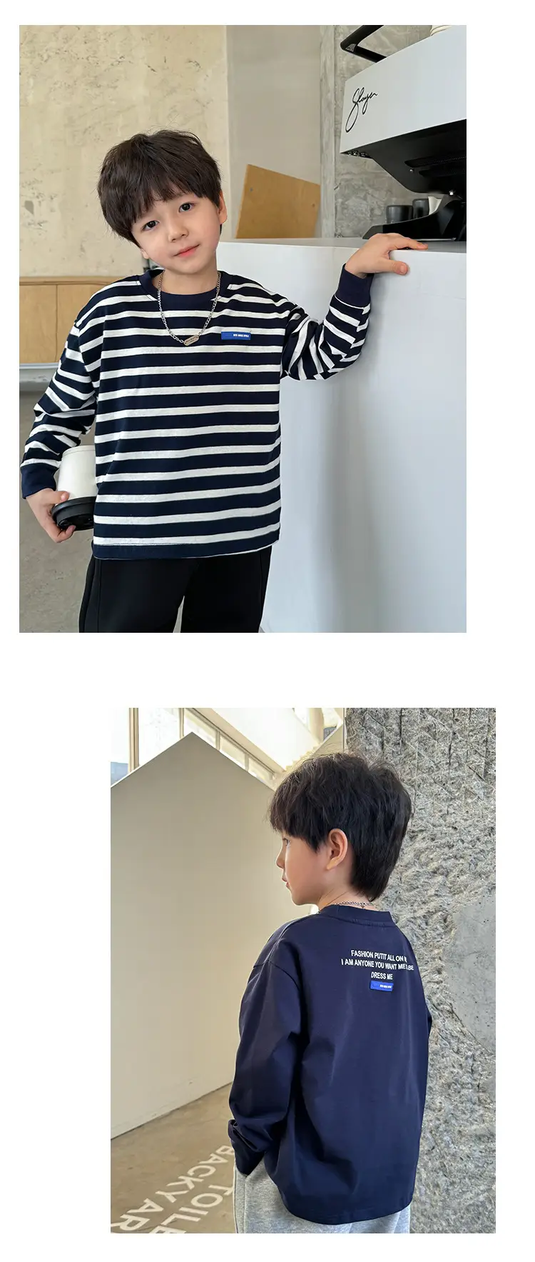 Boys Pure Cotton Long Sleeve T-Shirt Navy Blue White Stripes — feature 11