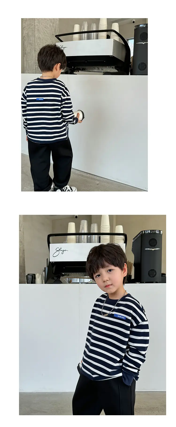 Boys Pure Cotton Long Sleeve T-Shirt Navy Blue White Stripes — feature 13