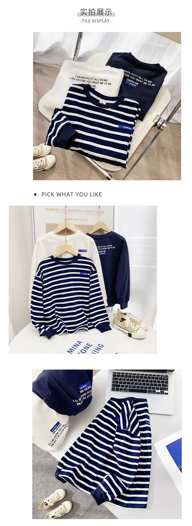 Boys Pure Cotton Long Sleeve T-Shirt Navy Blue White Stripes — feature 5
