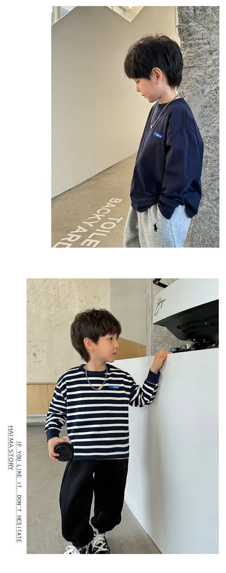 Boys Pure Cotton Long Sleeve T-Shirt Navy Blue White Stripes — feature 7