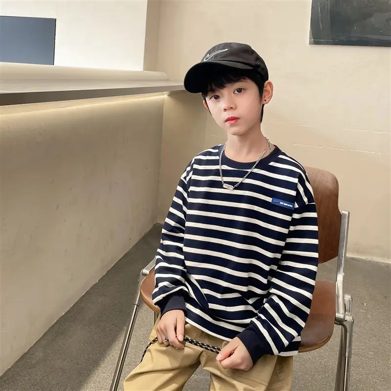 Boys Pure Cotton Long Sleeve T-Shirt Navy Blue White Stripes